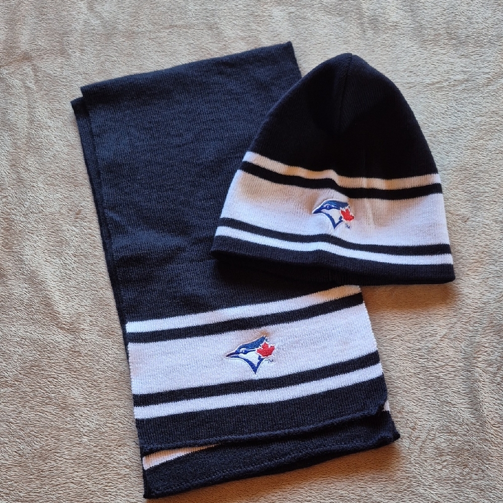 TBJ Blue and White Striped Beanie and Scarf Set